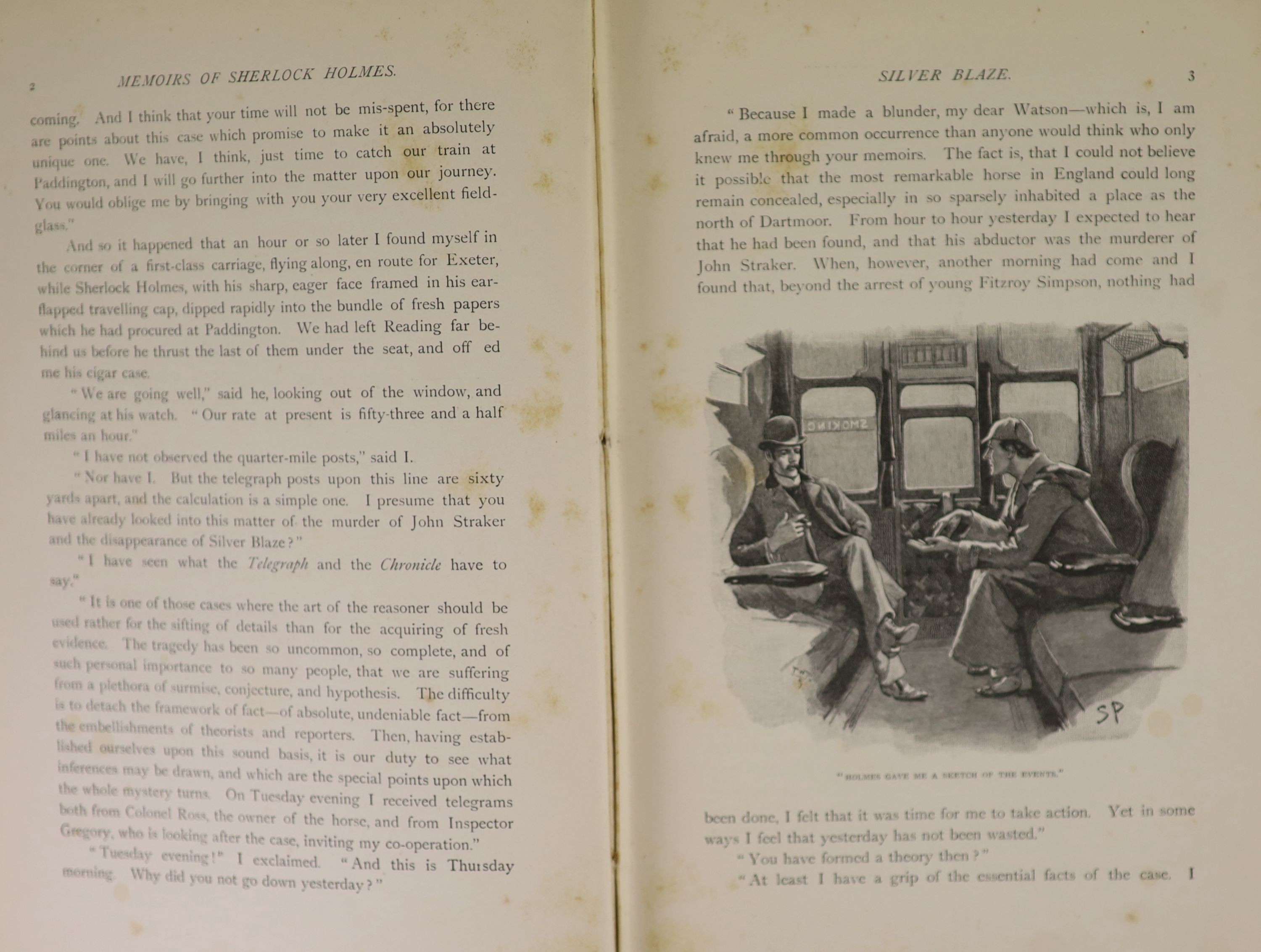 Doyle, Arthur Conan - The Memoirs of Sherlock Holmes, 1st edition, numerous illus. (by Sidney Paget) - but without the frontispiece; publisher's pictorial gilt cloth, gilt edges and